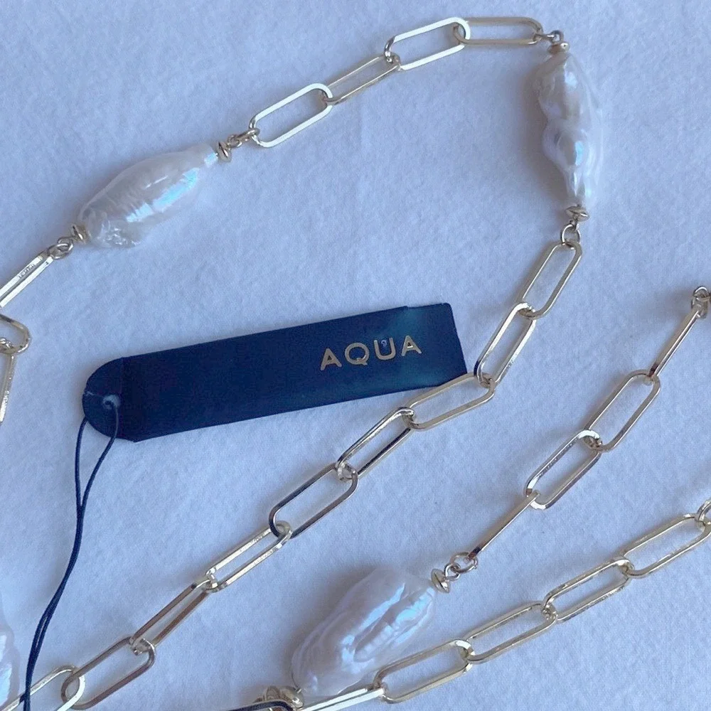 Aqua Bloomingdales Necklace Long Paperclip‎ Link Pearl Baroque Gold NWOT